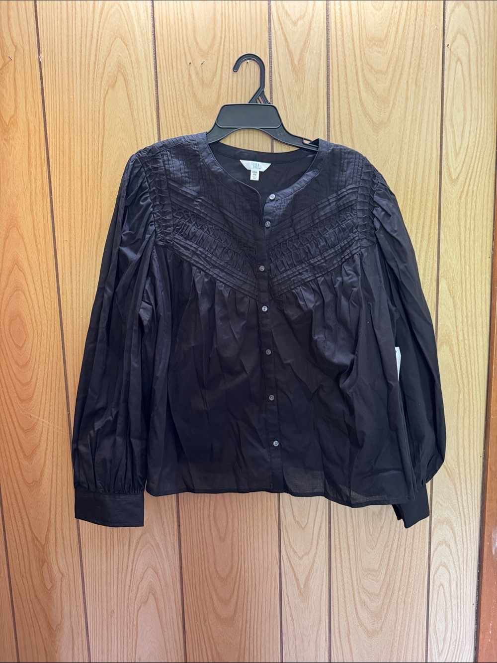 Time and Tru Black Button-Front Pintuck Blouse